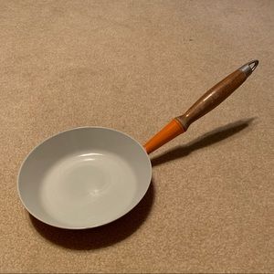 Le Creuset Orange Enamel Cast Iron Pan wooden handle